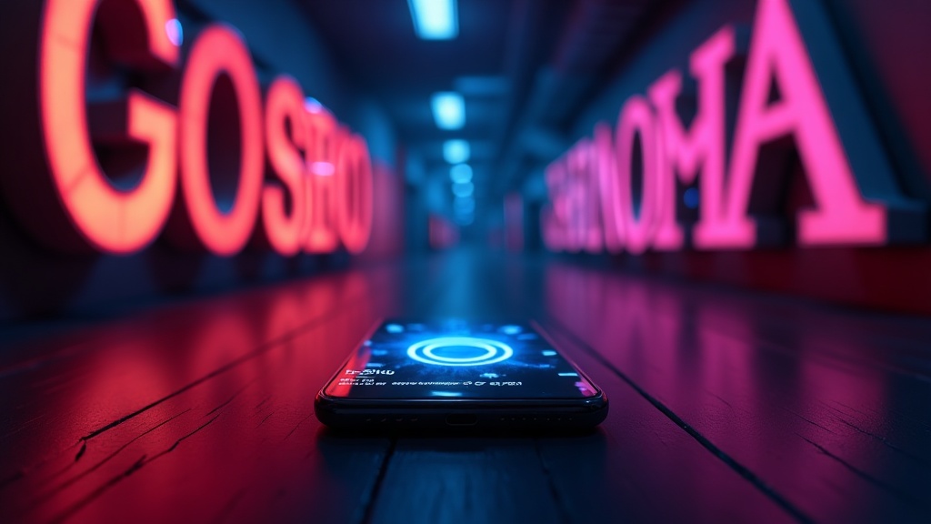 A phone displaying a fast-loading casino interface in a neon-lit corridor