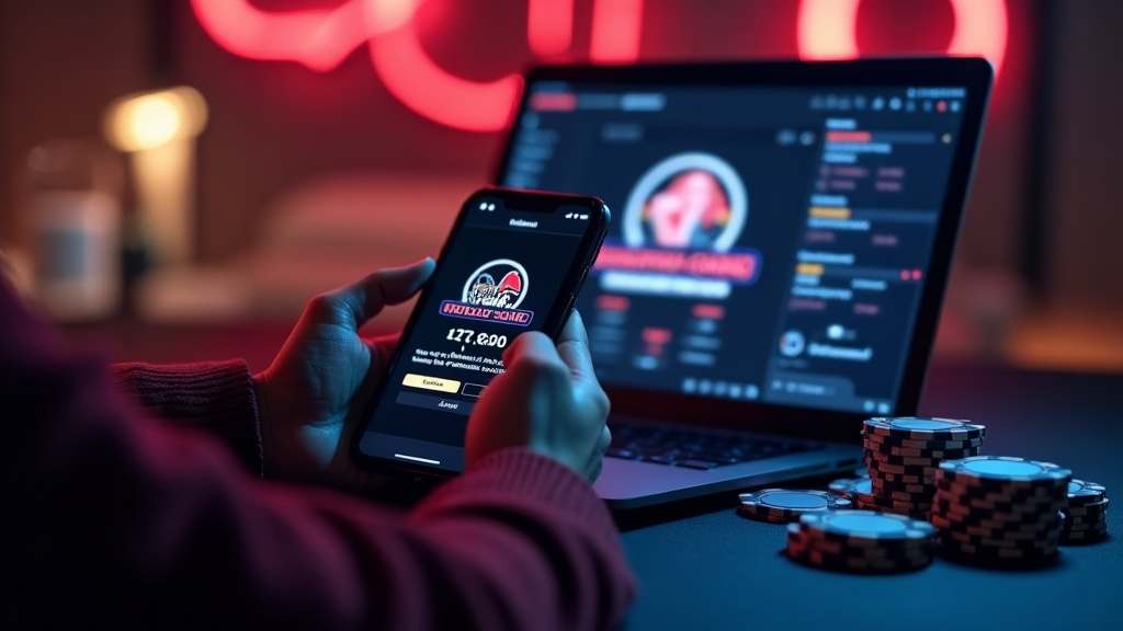A phone showing a casino download page beside poker chips in a dark room