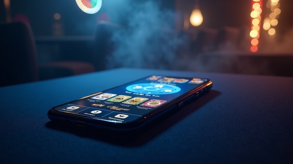 A smartphone showing a casino lobby with neon game tiles in a dark room