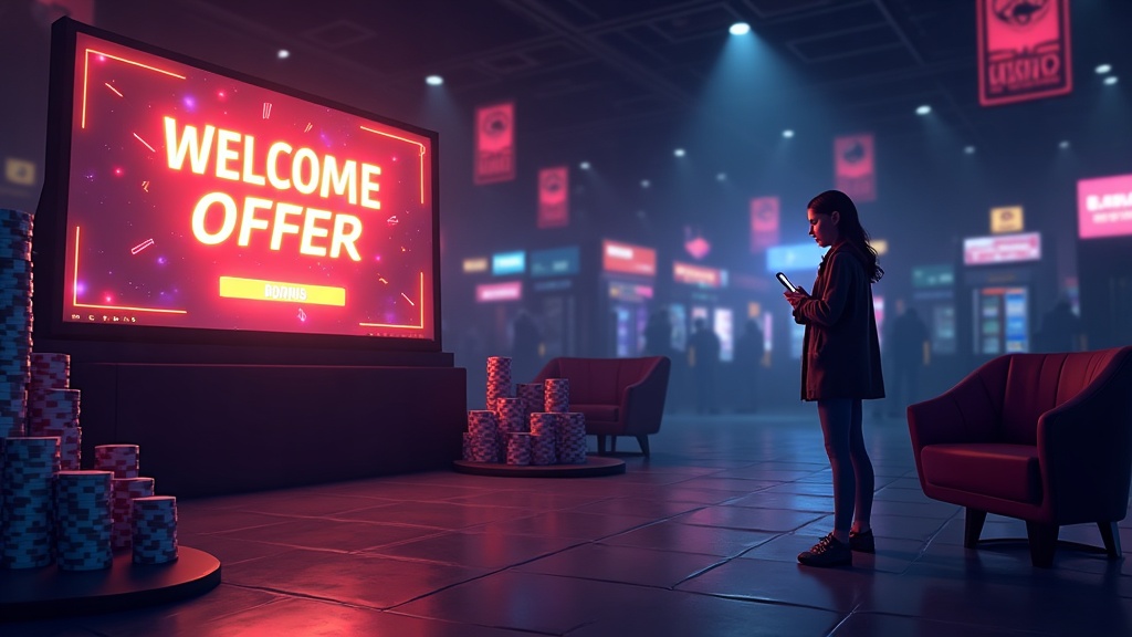 A player viewing a welcome bonus screen in a dark casino lobby